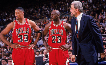 Scottie Pippen, Michael Jordan y Phill Jackson en los Chicago Bulls